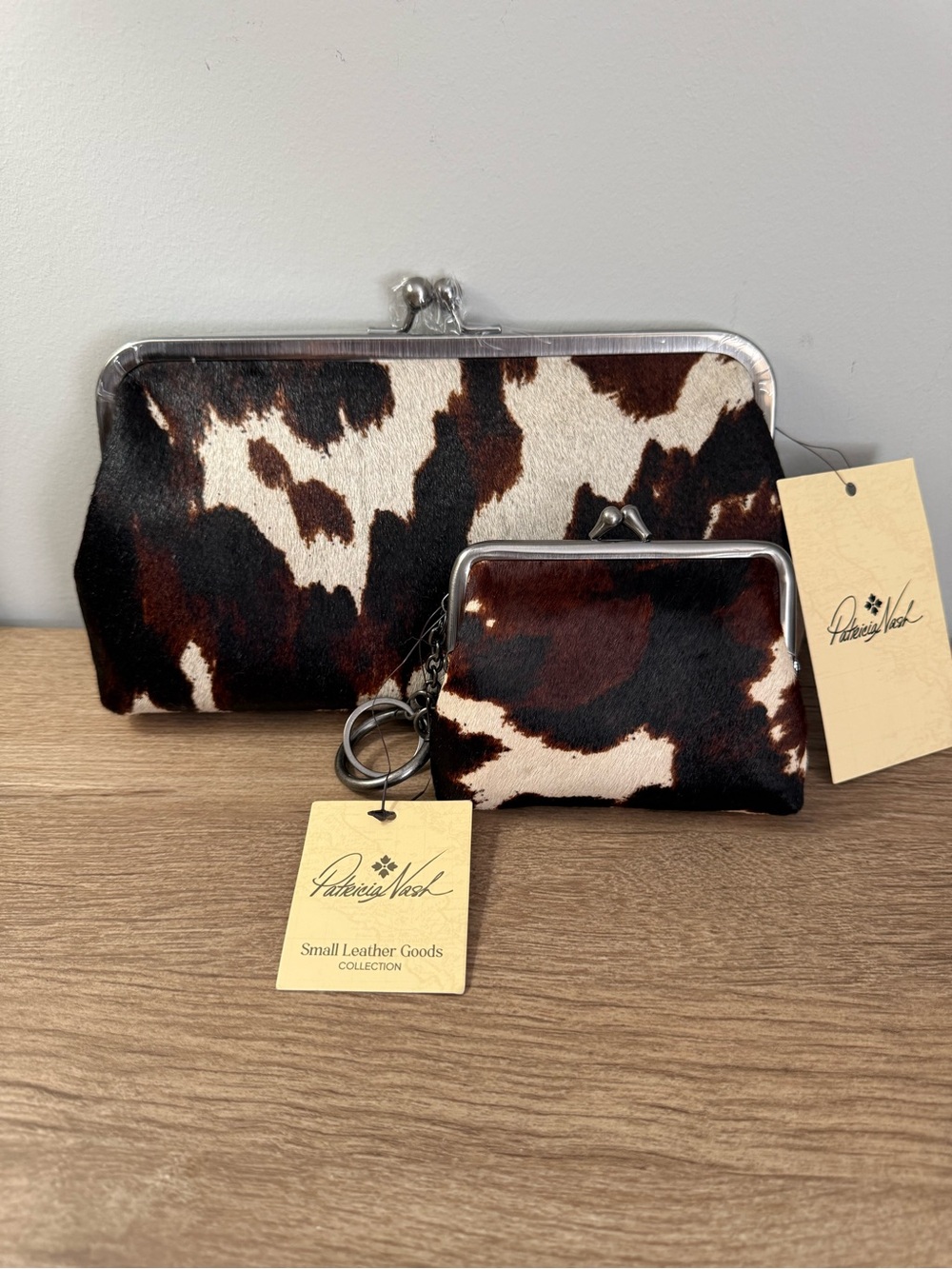 Patricia Nash 2pc Set of Brown and Cream Cowhide Kiss-Lock Bag & Wallet Set, NWT